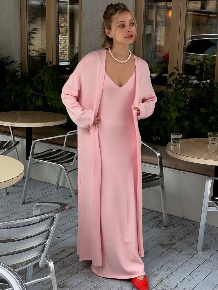 V-Neck Ribbed Knit Maxi Dress Set
