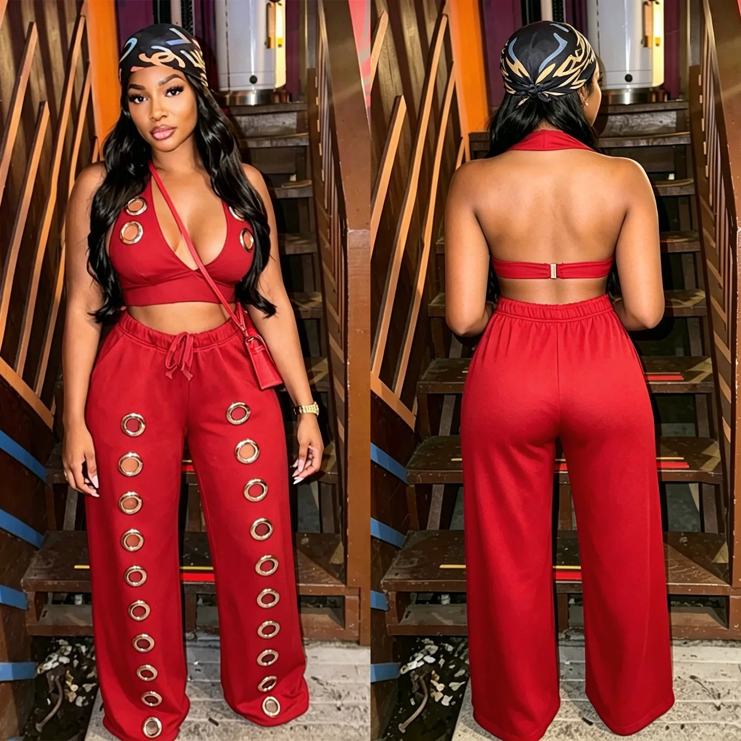 Knit Halter Wide Leg Tracksuit Matching Set for Women