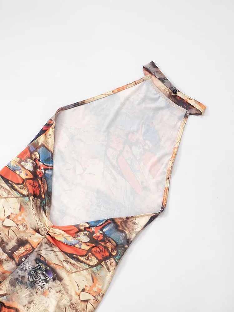 Weird Puss Aesthetics Print Jumpsuits Women Halter Sexy Backless Skinny Peach Buttocks Midnight Club Party Wild Styel Overalls