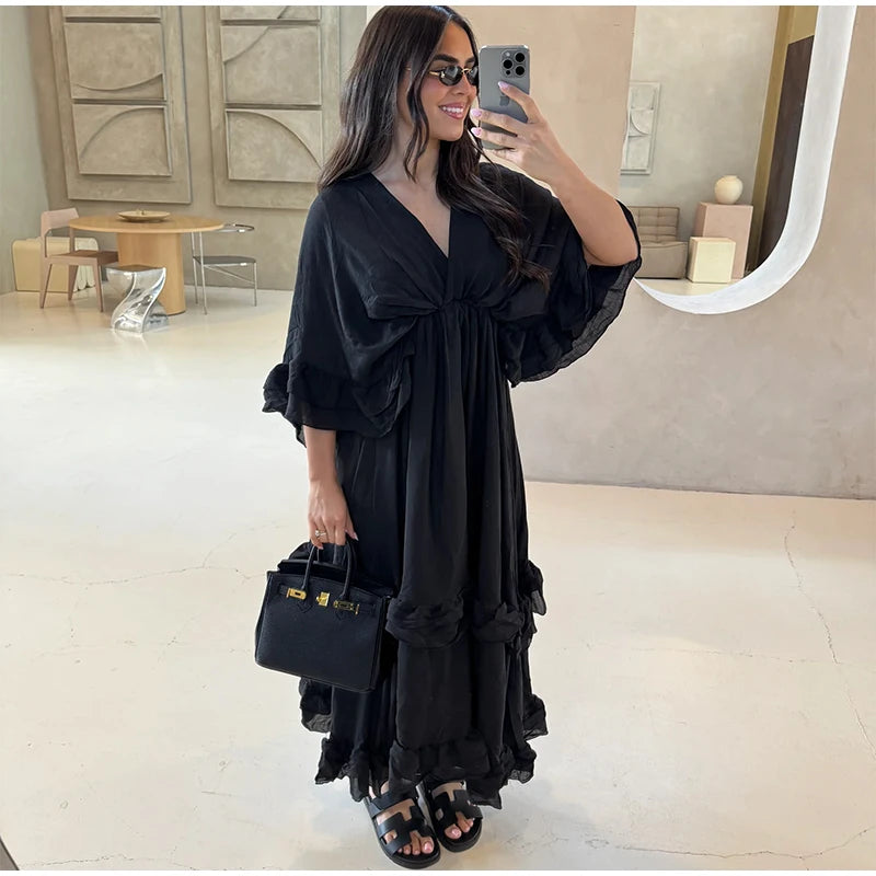 Ruffled V Neck Pleated Ankle Length Dress for Women