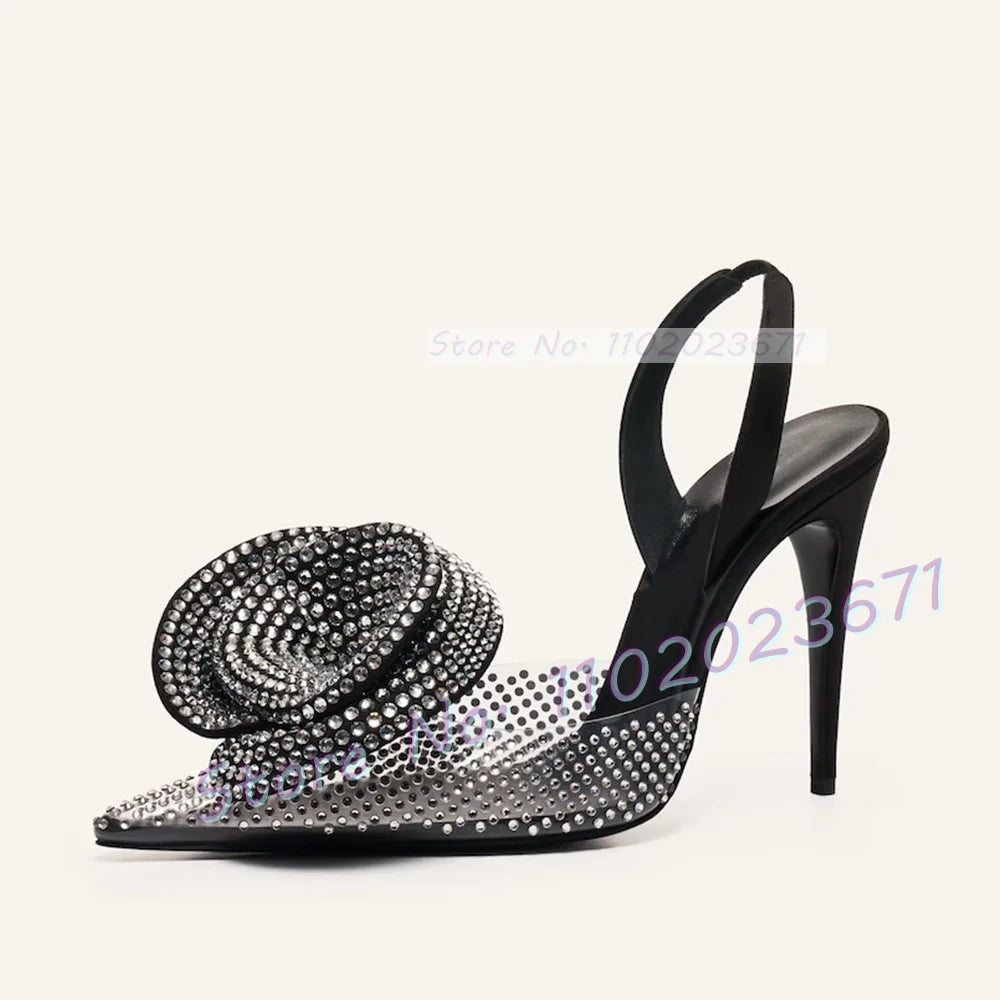 Pointy Rhinestone Flower Pvc Sandals Women Slingback Transparent High Heels Sandals Summer Runway Female Luxury Party Shoes