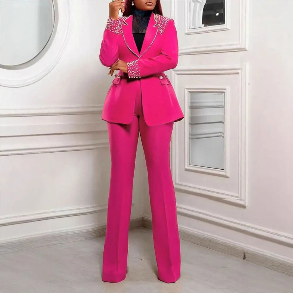 Elegant Slim Fit Pearl Blazer And Pants Set for Women