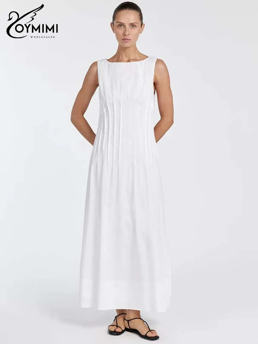 Oymimi Casual White Cotton Womens Dresses Fashion O-Neck Sleeveless Solid Dresses Elegant Open Back Ankle-Length Dress Female