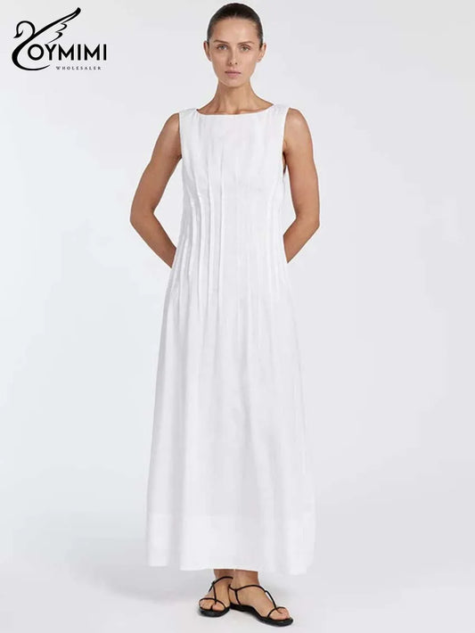 Oymimi Casual White Cotton Womens Dresses Fashion O-Neck Sleeveless Solid Dresses Elegant Open Back Ankle-Length Dress Female