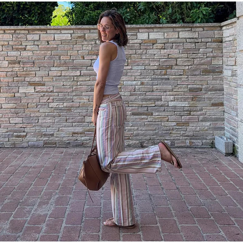 Color Block Rainbow Stripe Wide Leg Jeans for Women