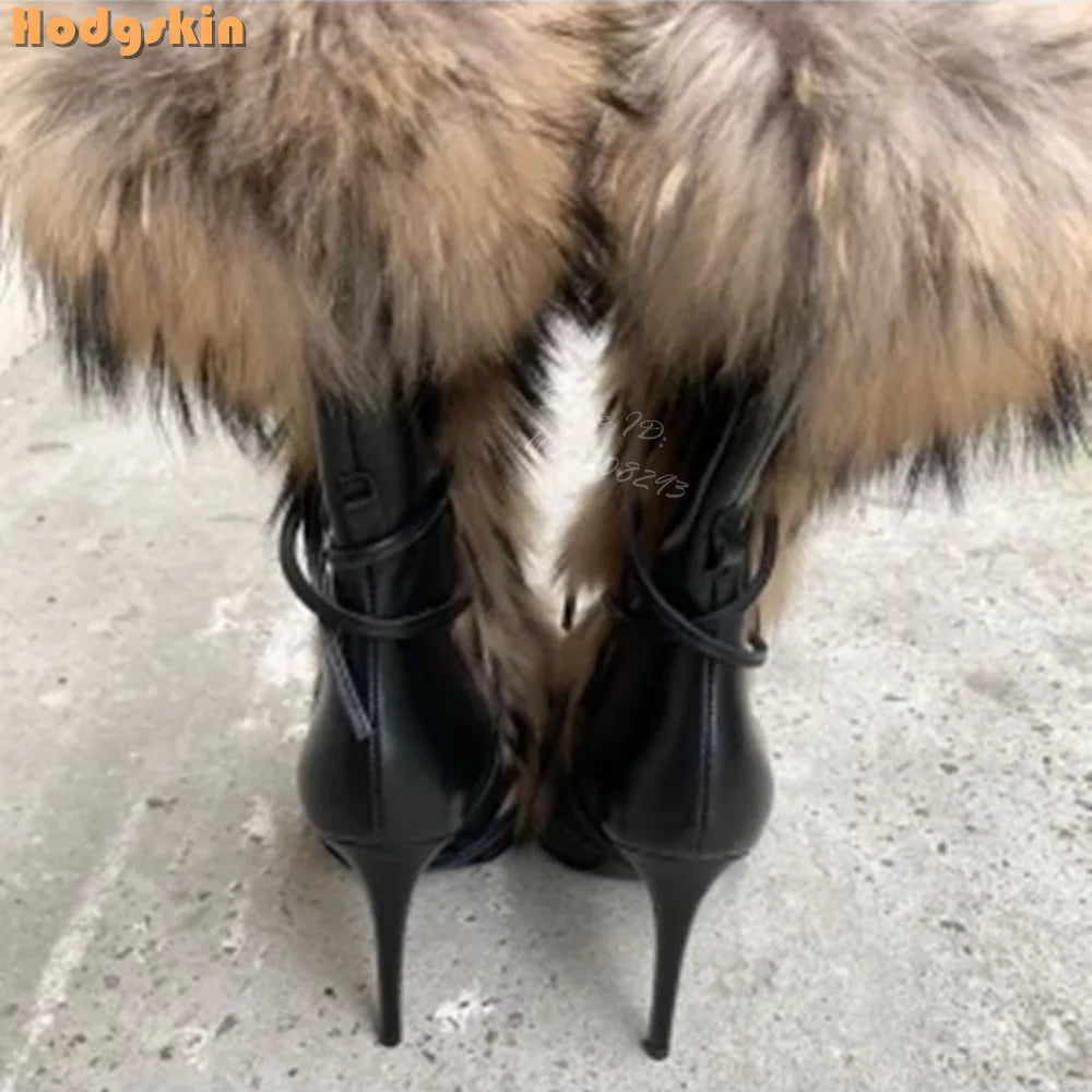 Faux Fur Lace Up Stiletto Knee High Boots for Women