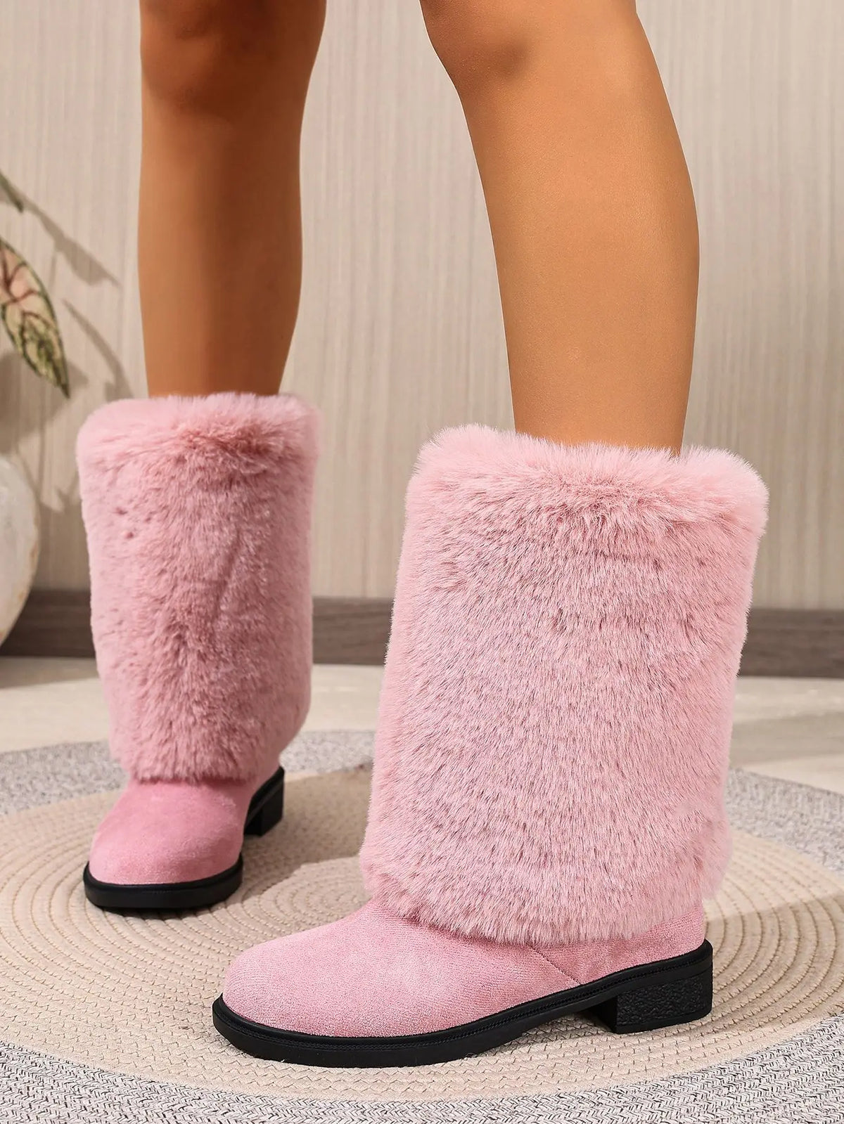 Plush Faux Fur Slip On Mid Calf Winter Snow Boots For Women