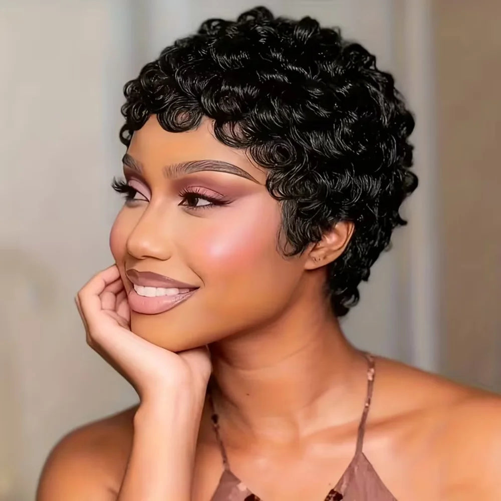 Brazilian Human Hair Wig Short Pixie Cut with Bang Loose curly Hair for Daily Wear Women Full Machine Wig