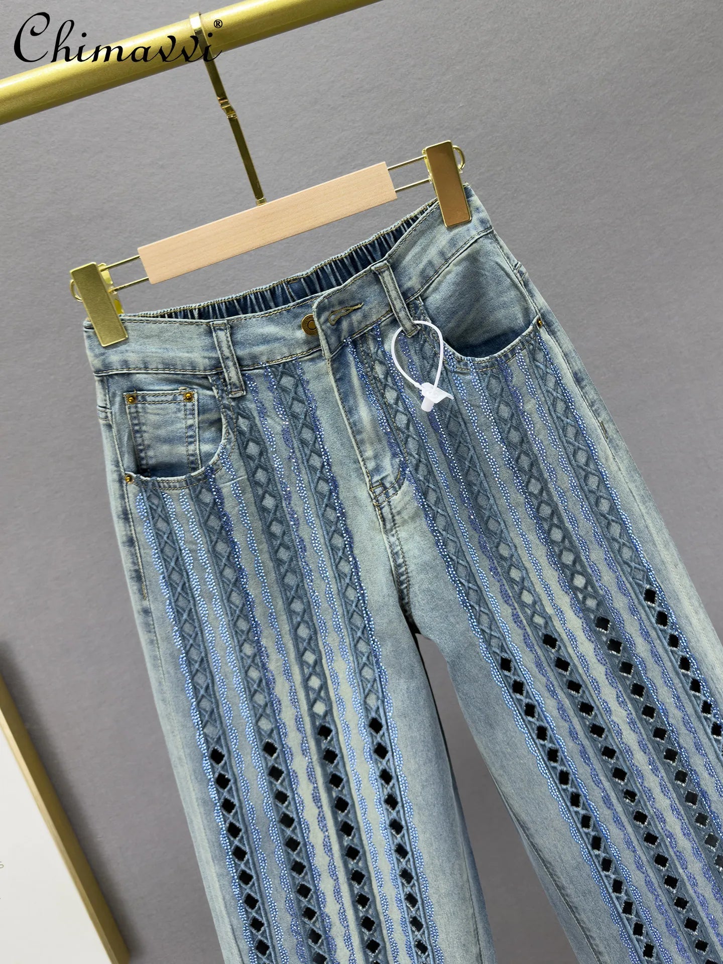 Heavy Cut Out Hot Diamond Jeans Women's Cropped Pants Summer New Fashion Thin High Waist Loose Slimming Straight-leg Pants