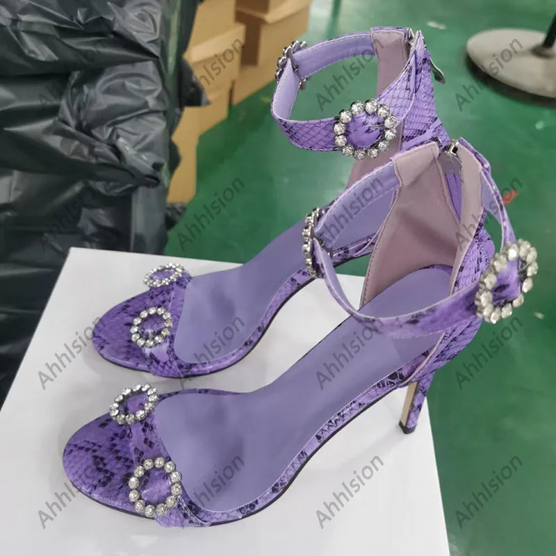 Elegant Purple Crystal Zippered Stiletto Sandals For Women