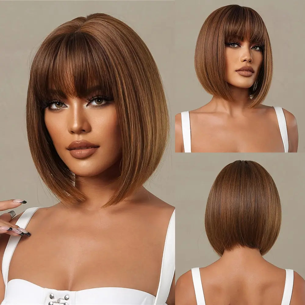 Heat Resistant Wine Red Bob Wig With Thick Bangs for Women