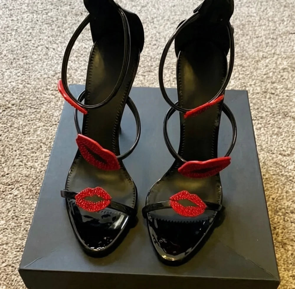 Open Toe Patent Leather Stiletto Sandals With Lip Embellishments for Women
