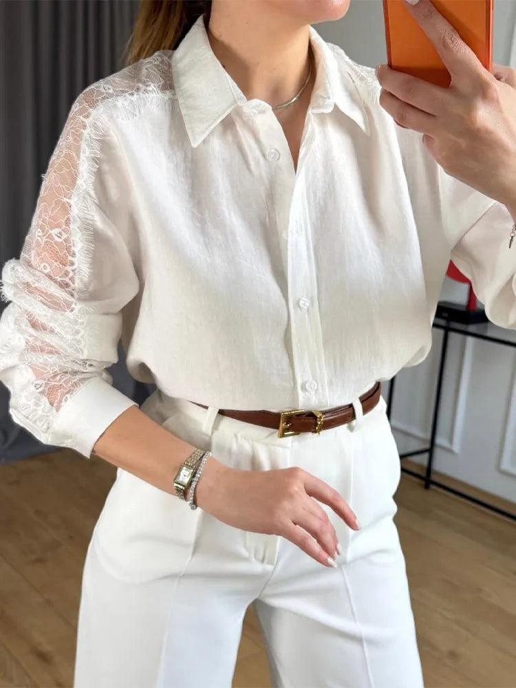 Elegant Lace Patchwork Long Sleeve Top With Turn Down Collar for Women