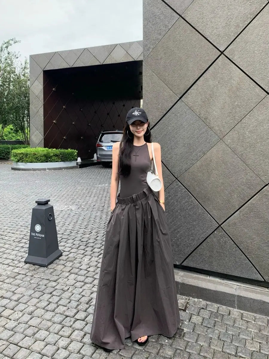 Gray High Waist Button Placket Midi Dress For Women
