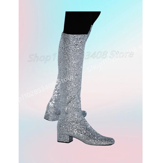 Glitter Sliver Party Dance Knee High Boots Runway Side Zipper Chunky High Heel Fashion Sexy Women Shoes 2025 Hot Para Mujere