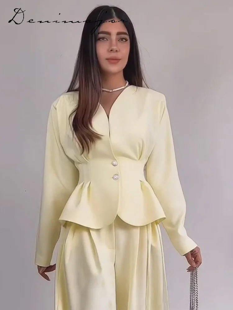 V-Neck Ruffle Coat and Wide Leg Pants Two-Piece Set for Women