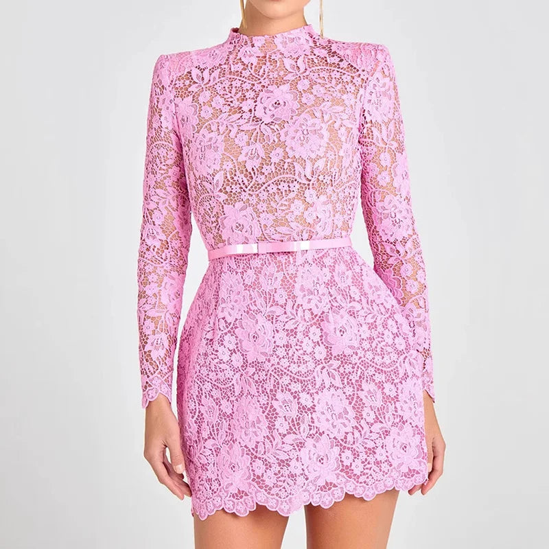 Holiday Round Neck Lace Mini Dress, Women Summer Solid Hollow Out High Street Party Dress, 2025 Full Sleeve Elegant Ladies Dress