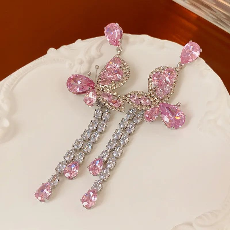 Pink Zircon Butterfly Tassel Earrings
