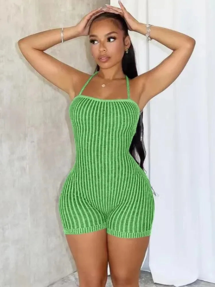 Backless Striped Knitted Sporty Playsuit for Women