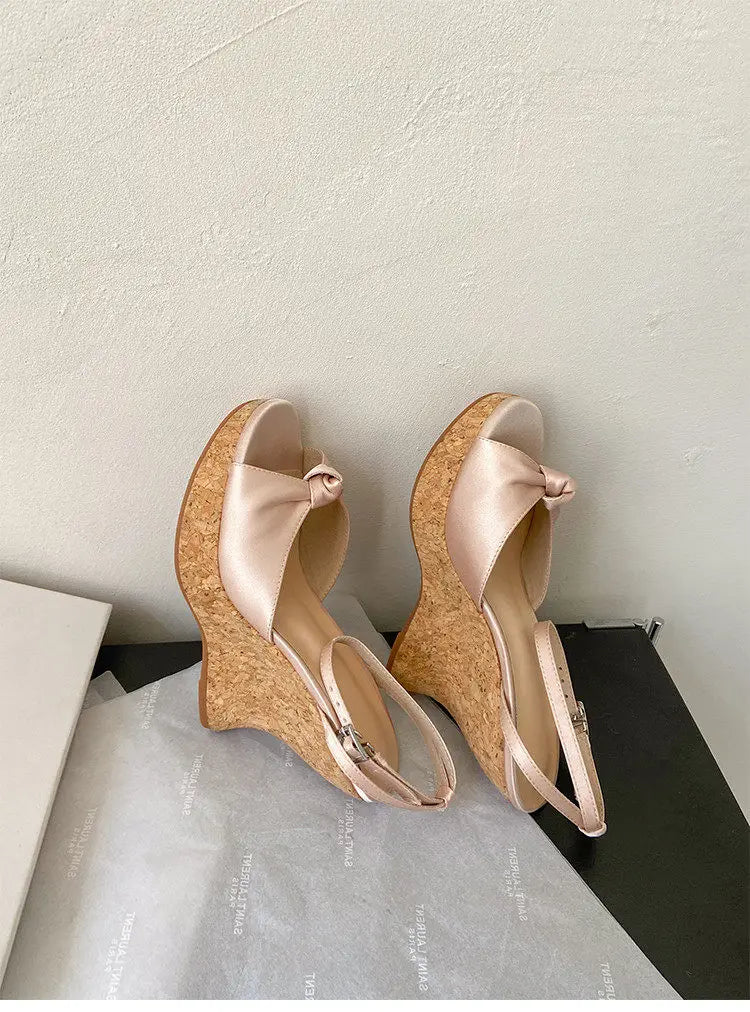 Summer Satin Peep Toe Slingback Wedge Platform Bow Sandals for Women