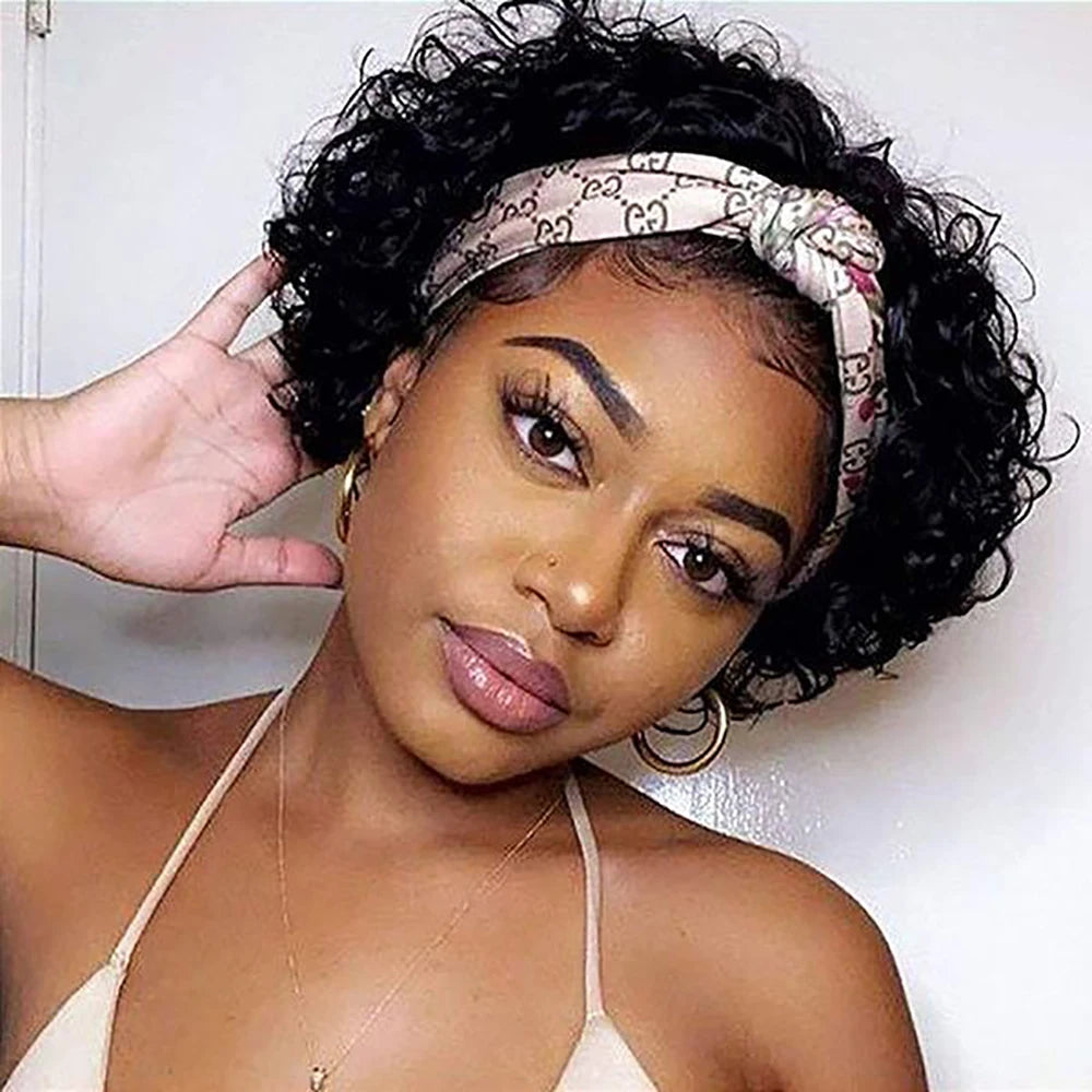 Headband Short Curly Pixie Cut Human Hair Wig for Women
