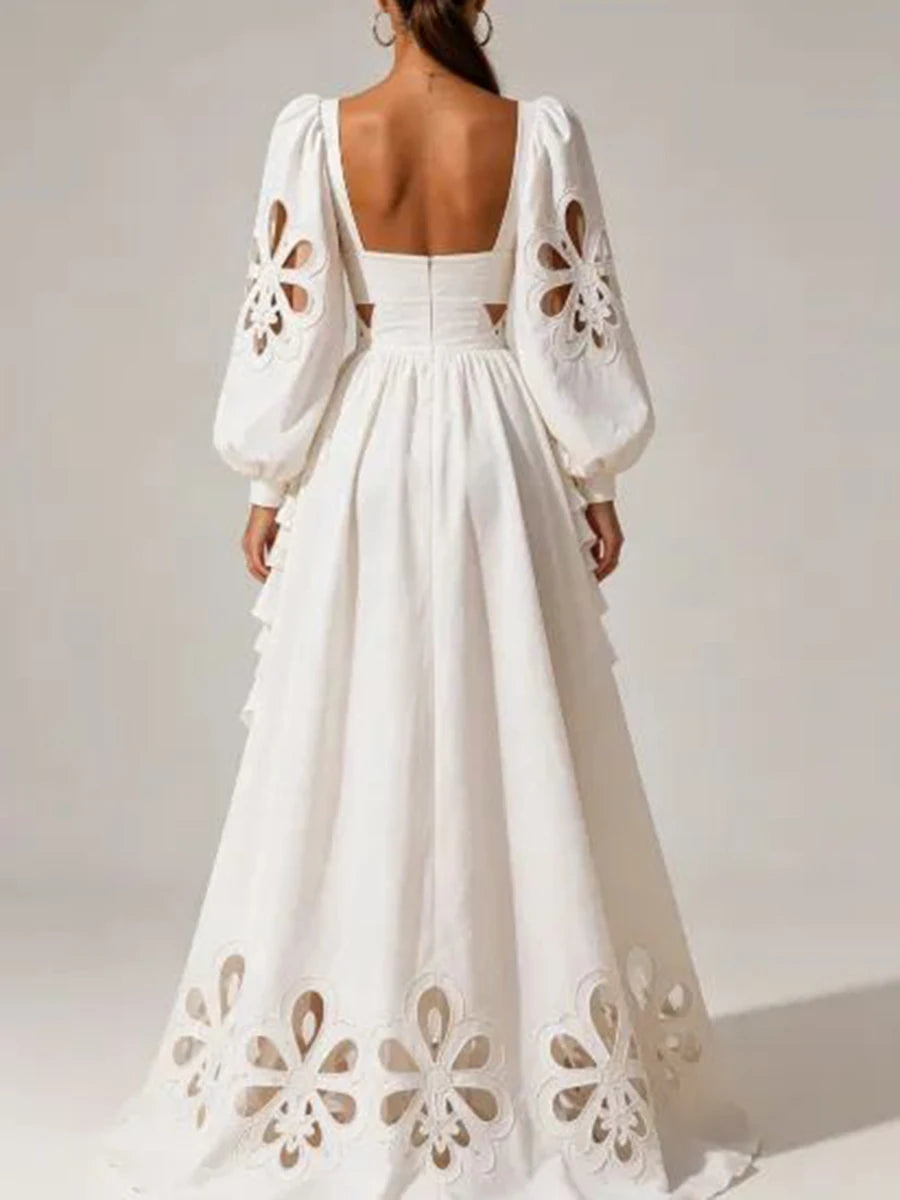 White Floral Cutout Puff Sleeve Gown With Asymmetric Train for Women