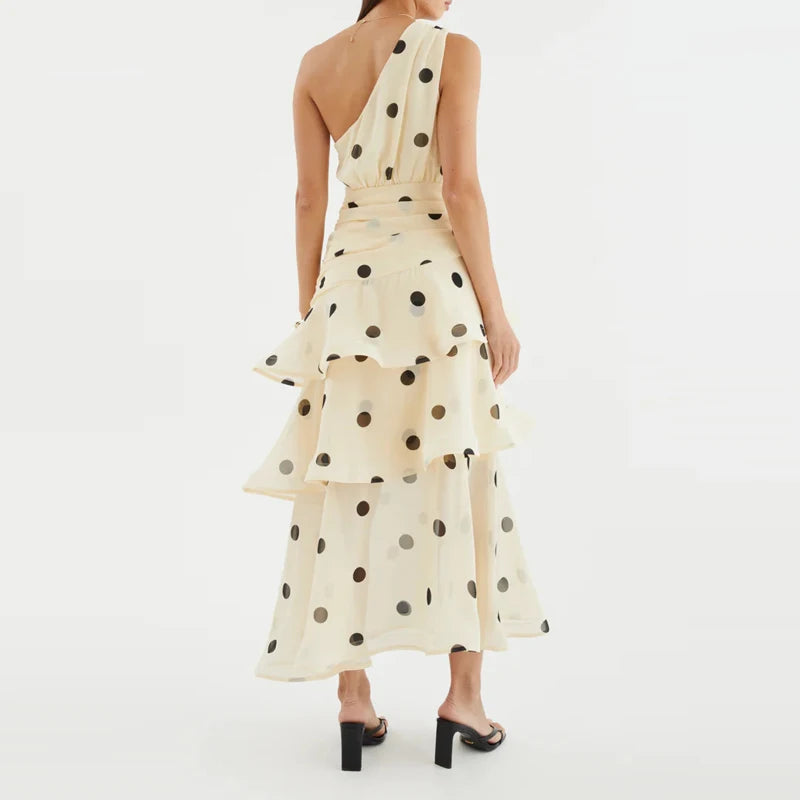 Elegant Polka Dot Ruffle Draped Maxi Dress for Women