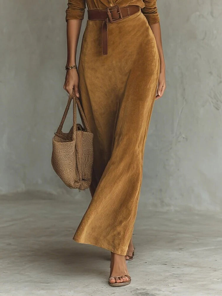 Elegant V Neck Patchwork Button Long Sleeve Maxi Dress for Women