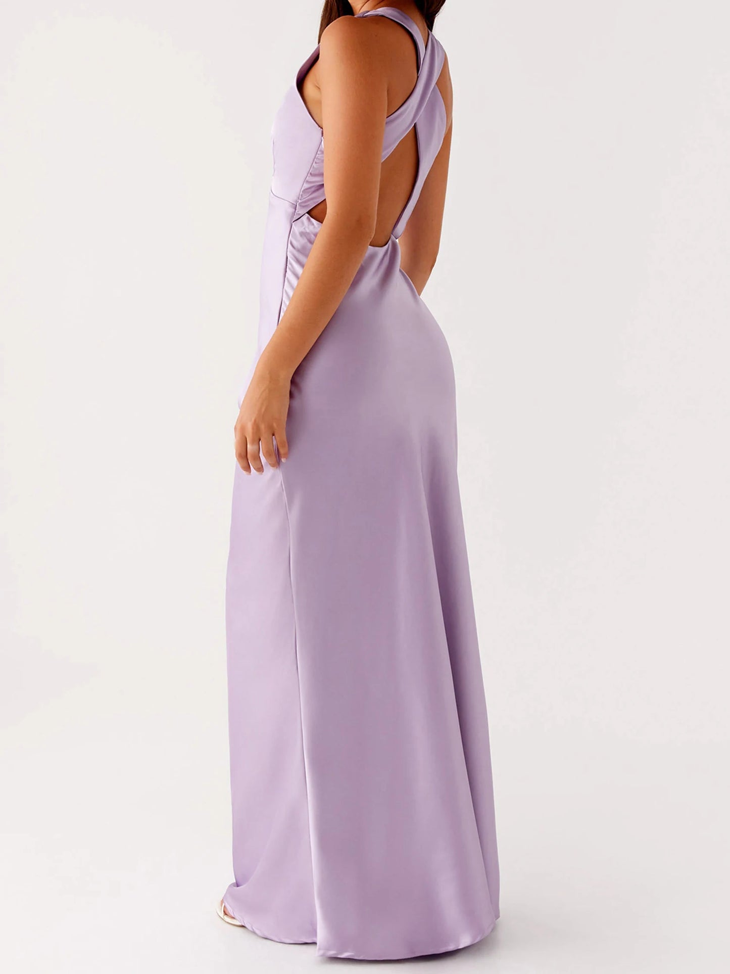 Women's Satin Halter Dress Solid Color Back Cross Elegant Slim Fit Dress for Party, Wedding