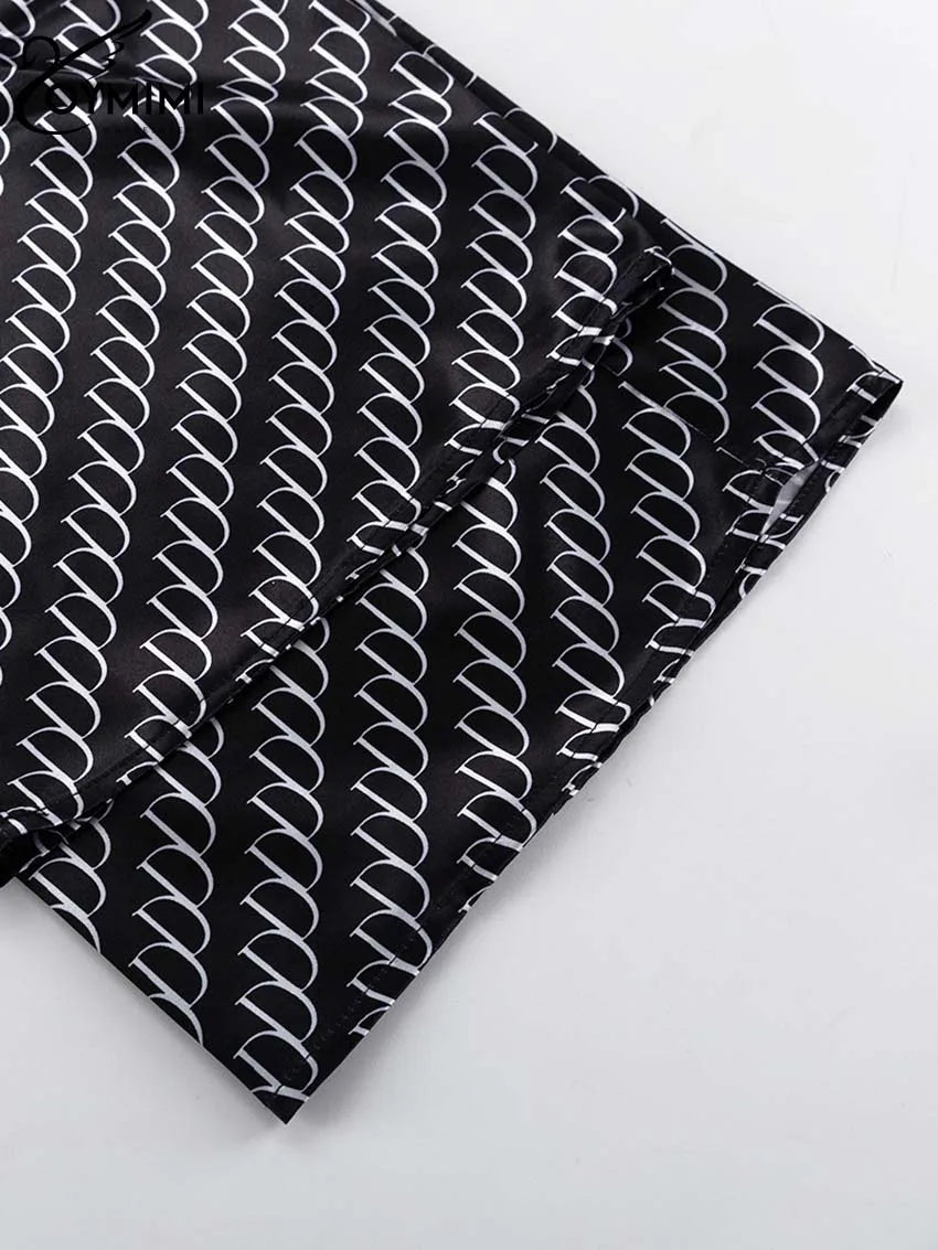 Oymimi Fashion Black Print Womens 2 Piece Outfit Set Elegant Lapel Long Sleeve Shirts And High Waisted Lopse Straight Pants Sets