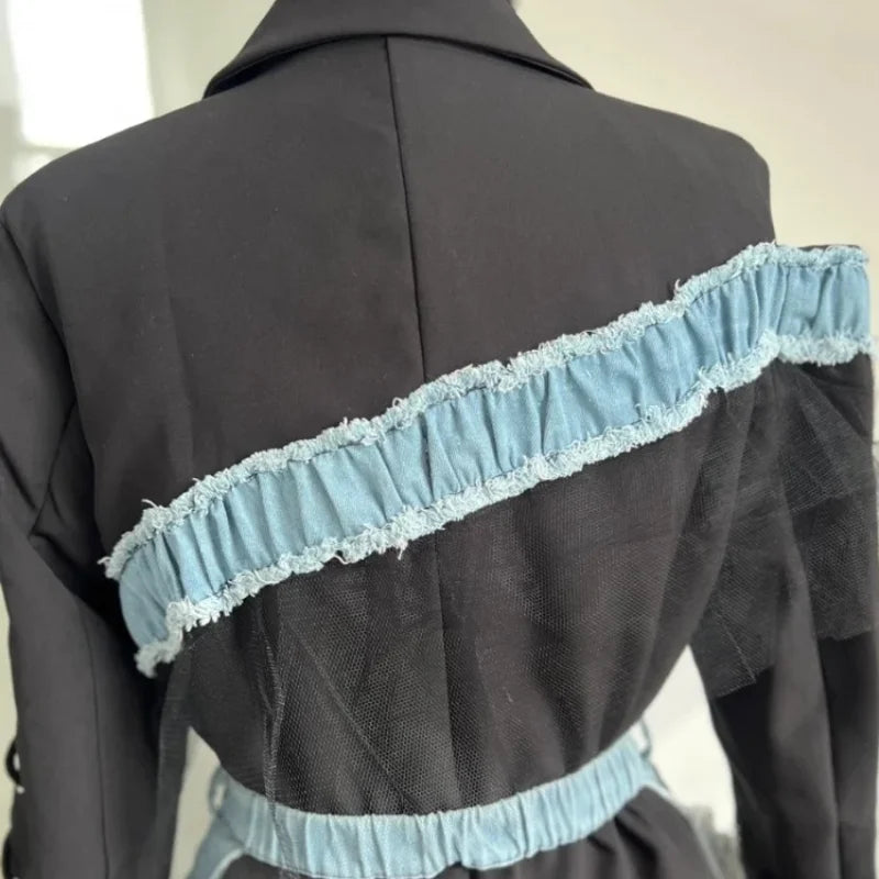 Stylish Patchwork Denim Mini Dresses Lace Deep V-neck Jacket Sexy Irregular Casual-chic Sexy Edgy Top Designers Streetwear