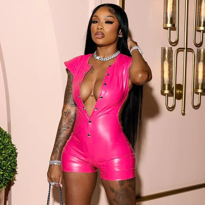 Sexy Polyurethane Leather Jumpsuit With Front Zip for Women