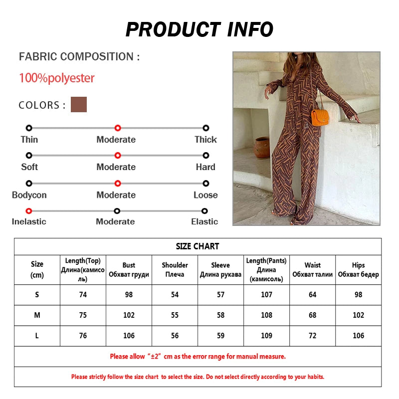 Oymimi Casual Brown Print Sets Womens 2 Piece Elegant Long Sleeve Button Side Slit Shirts And High Waisted Straight Trousers Set