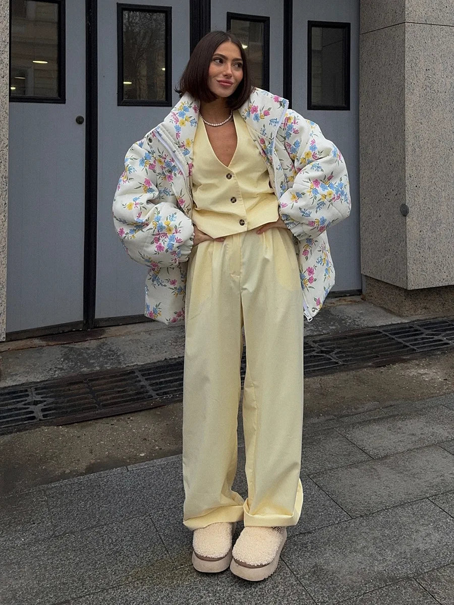 Floral Print Oversized Stand Collar Puffer Jacket For Women