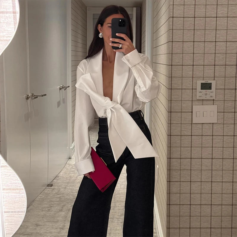 Elegant Bow Detail Pleated Long Sleeve V Neck Blouse for Women