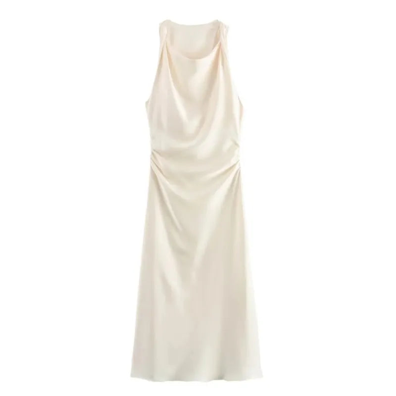 Summer Women's Satin Long Dresses Fashion Sleeveless Elegant Evening Party Dresses