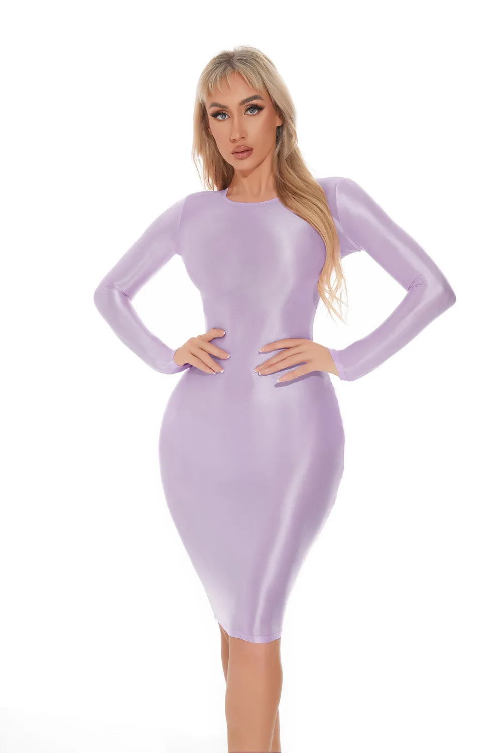 Shiny Long Sleeve Fitted Bodycon Midi Dress for Women