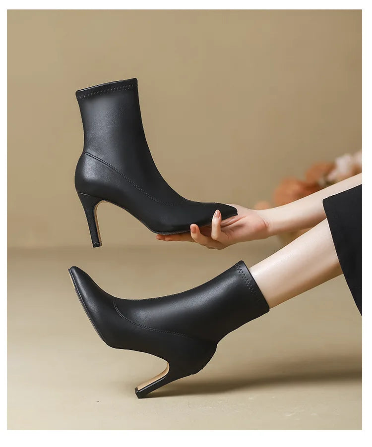 Pointed Leather High Heel Ankle Boots