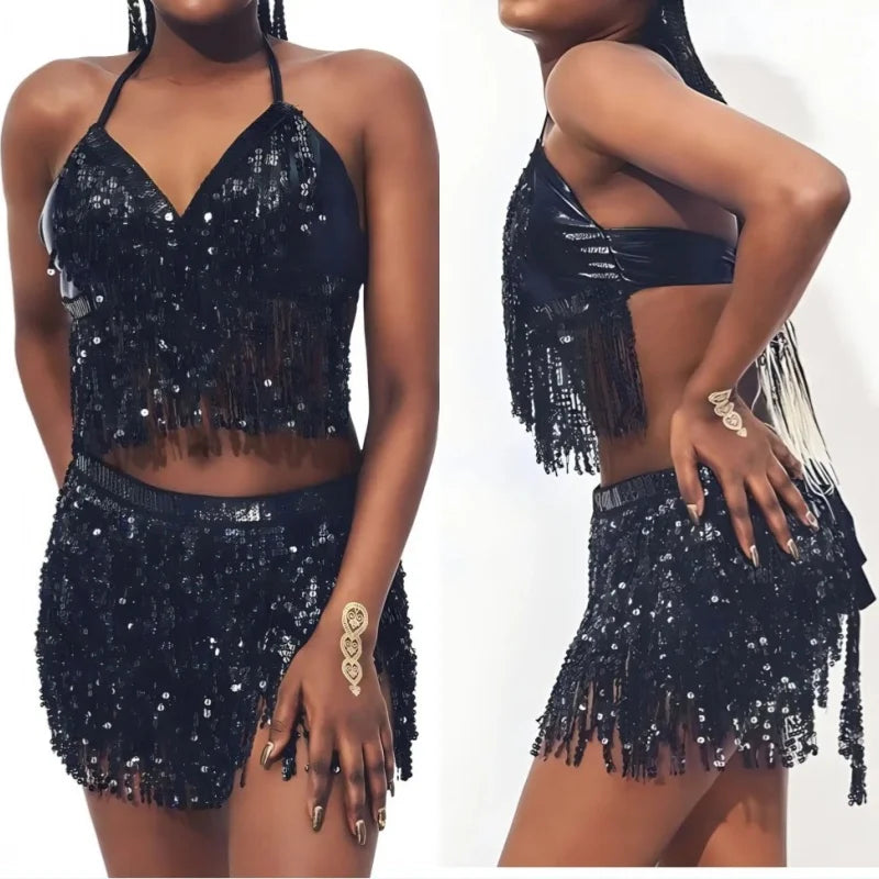 Sequined Tassel Latin Dance Crop Top and Skirt Set for Women