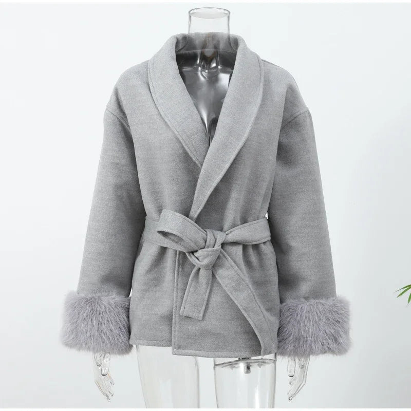 Faux Fur Wool Blend Longline Lapel Overcoat for Women