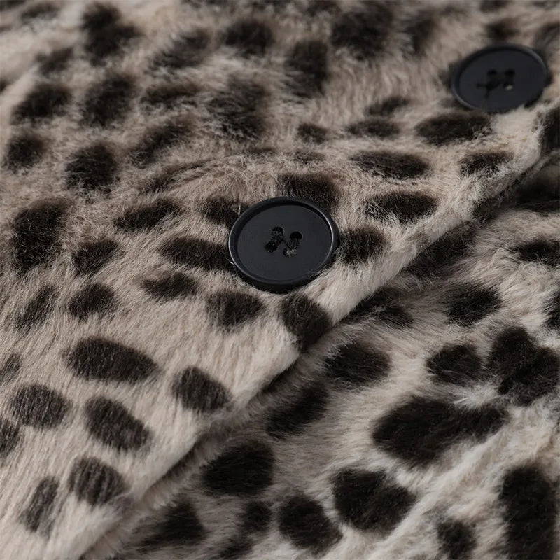 Leopard Print Faux Fur Single Breasted Crop Jacket for Women