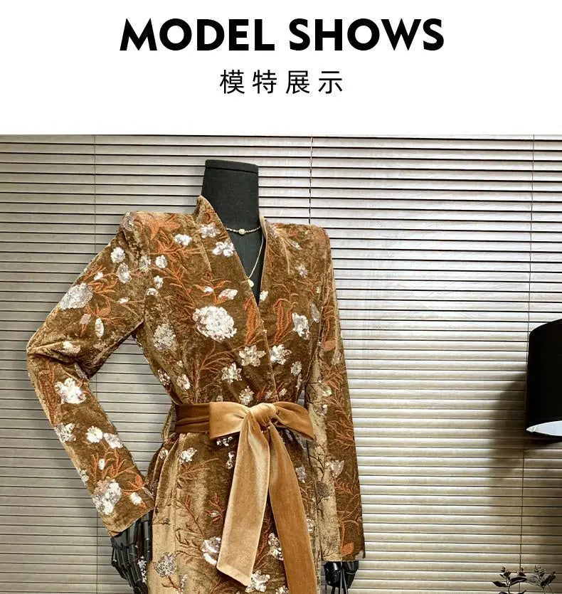 Golden Velvet Adjustable Waist Windbreaker Coat Autumn/Winter New English style Luxury Sequin Embroidered Women's Coat