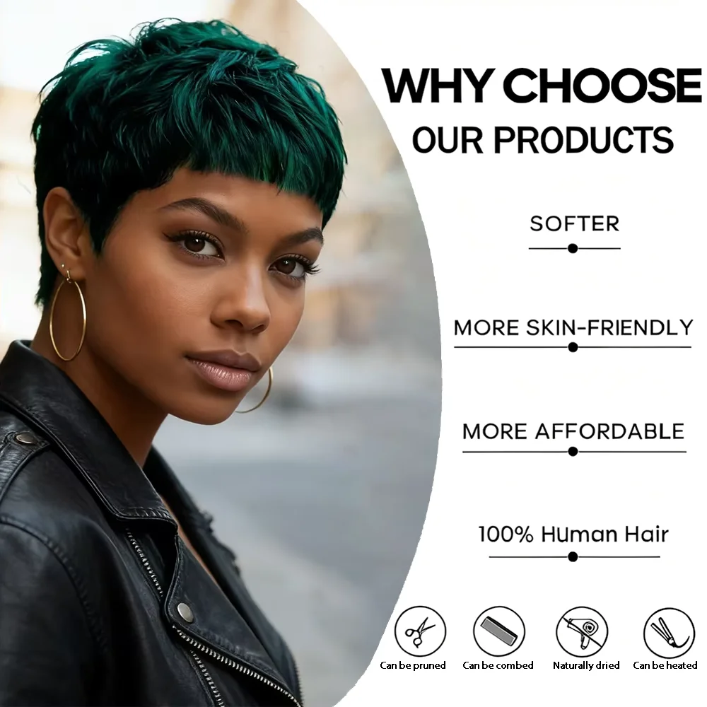 Green Straight Layered High Density Pixie Wig For Women