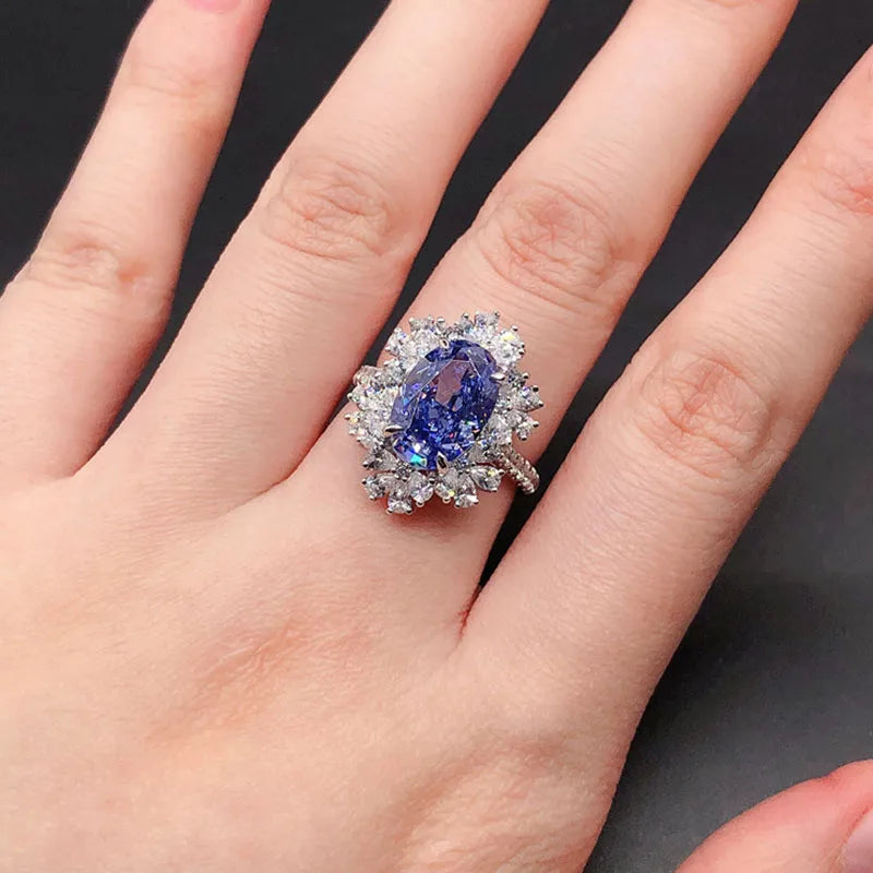 PANSYSEN Luxury 100% 925 Sterling Silver 4.5CT Oval Cut Sapphire High Carbon Diamond Ring Anniversary Party Fine Jewelry Gift