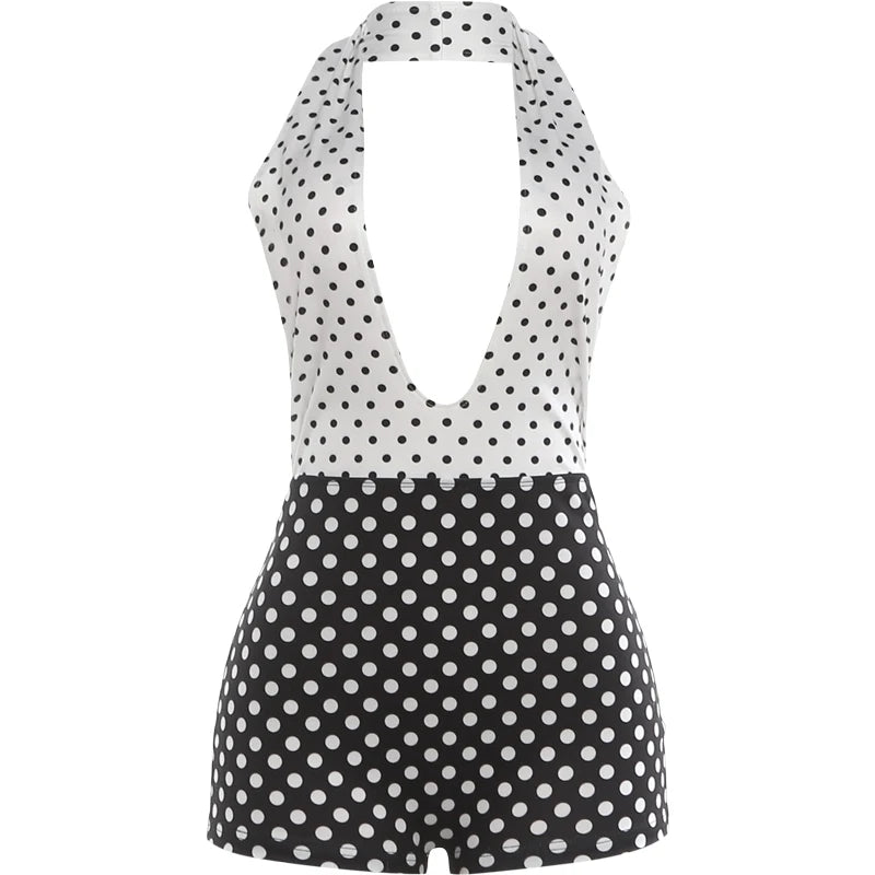 Halter Neck Backless Polka Dot Stretch Romper for Women
