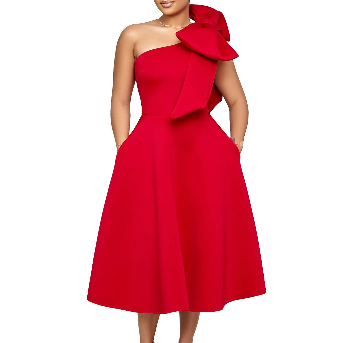Dress One Shoulder A Line Pleated Knee Length Sleeveless Bow Belt Elegant Party Style
