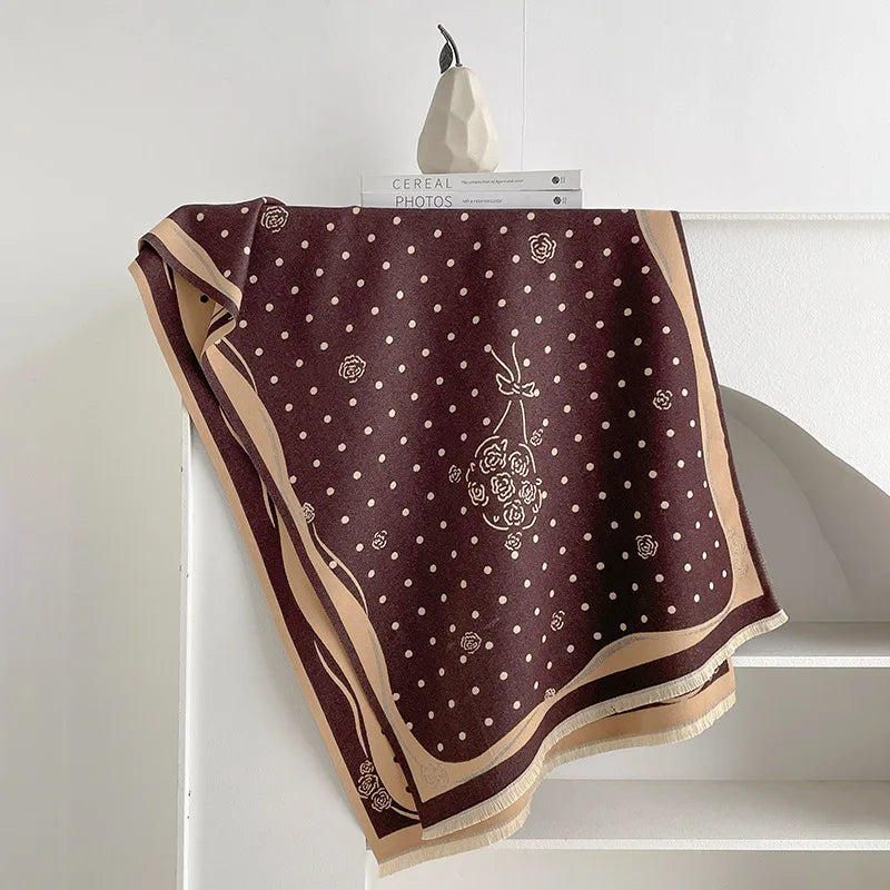 Rose Dot Print Knit Fringe Scarf