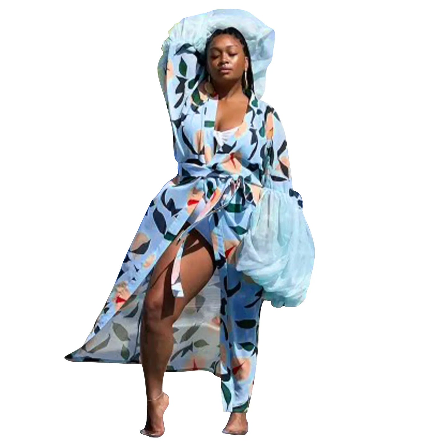 Vintage Floral Printed Chiffon Long Cardigan With Ruffle Sleeves for Women