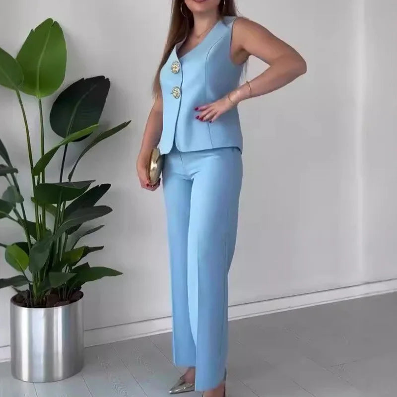 Women Summer Cardigan Top Chic Outfit, Solid Patchwork Wide Leg Pants Matching Sets, Sleeveless V Neck Ladies Suits Streetwear