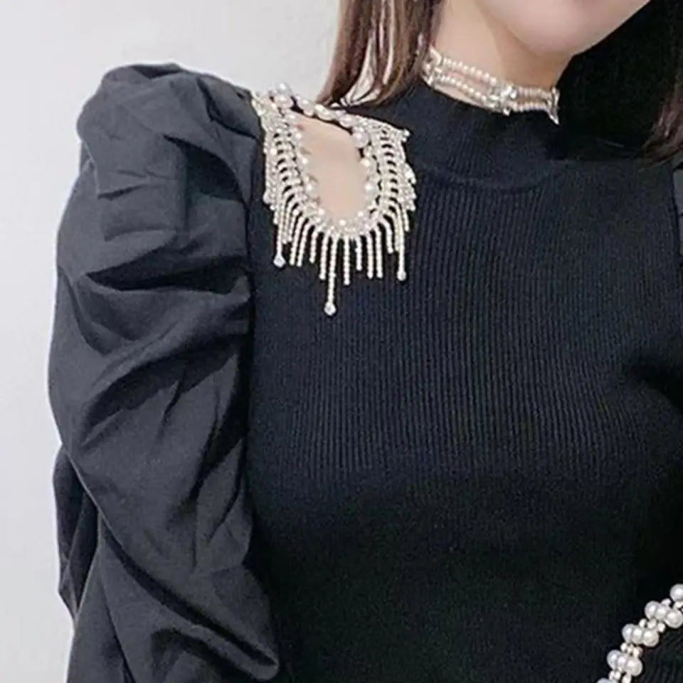 Women Shirts Nail Bead Tassel Hollowed Out Wool Knitted Shirt for Women Spring and Autumn of 2025, Lantern Sleeve Top